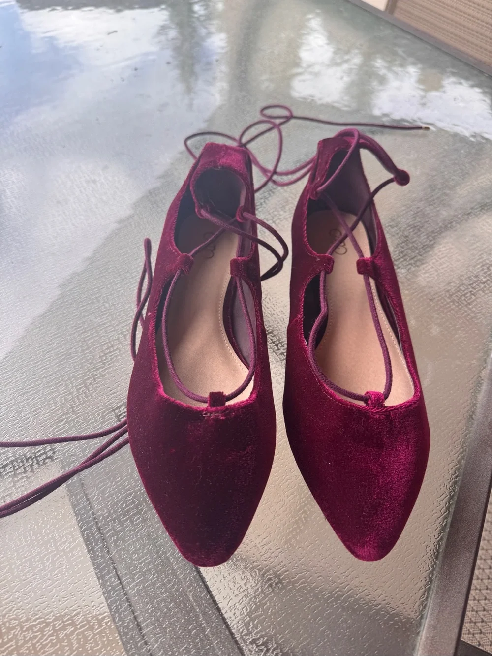 Women's Velvet Lace-Up Flats in Deep Burgundy
